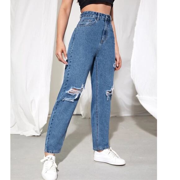 SHEIN High Rise Straight Leg Mom Jeans Ripped Size 28 - Picture 5 of 10
